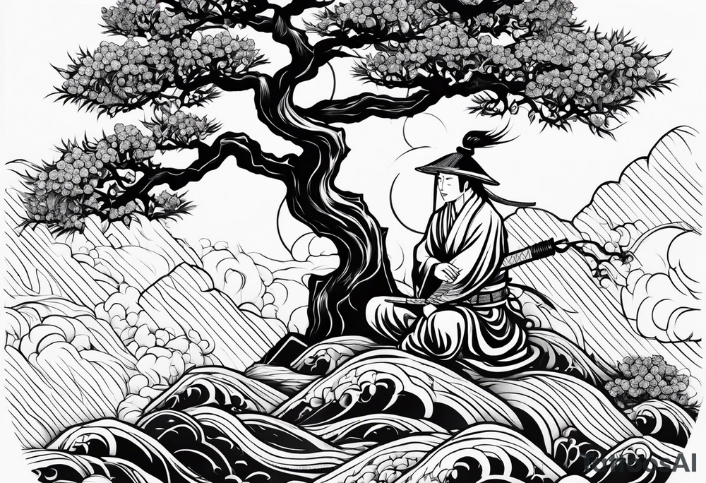 samurai and bonsai tree in japan tattoo idea