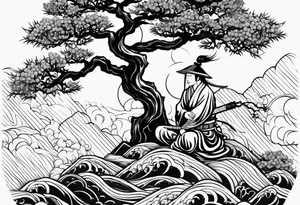samurai and bonsai tree in japan tattoo idea