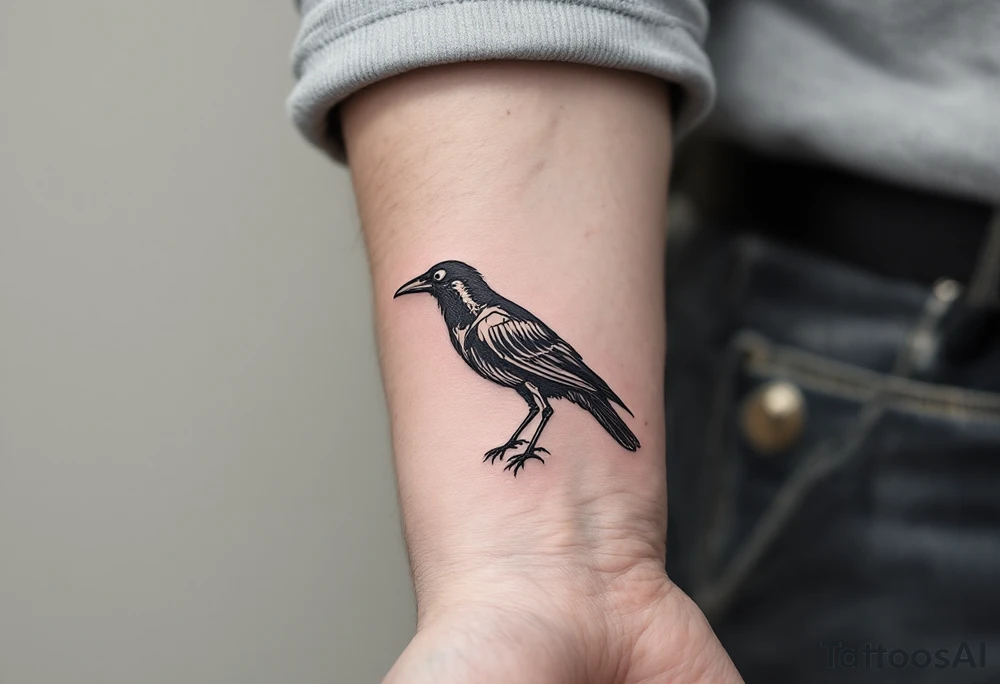 Crow Skeleton – An anatomical tattoo of a crow skeleton, done in fine line style with minimal gray shading and a soft ink wash effect. tattoo idea