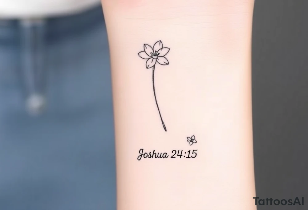 Narcissus flower at the top, drawn in single-needle fine line

Slim stem flowing naturally downward



“Joshua 24:15” sits underneath in tiny, clean lettering

Vertical flow = elegant, feminine, and perfectly suited to the inner wrist

Overall height: ~5–7 cm (subtle, timeless, not heavy) tattoo idea