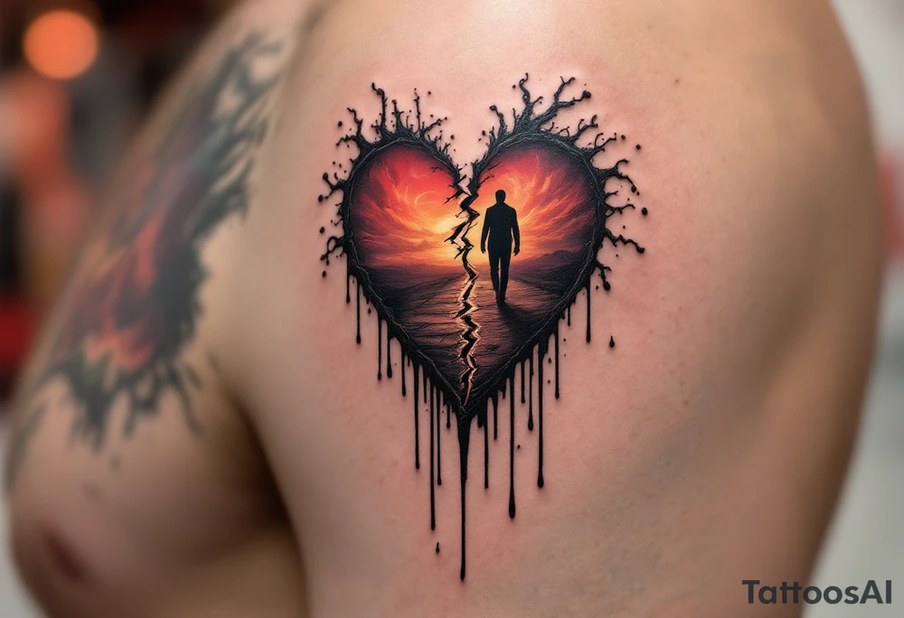 A broken heart dripping black ink, morphing into a shadowy figure walking away in the background. tattoo idea