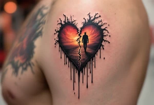 A broken heart dripping black ink, morphing into a shadowy figure walking away in the background. tattoo idea