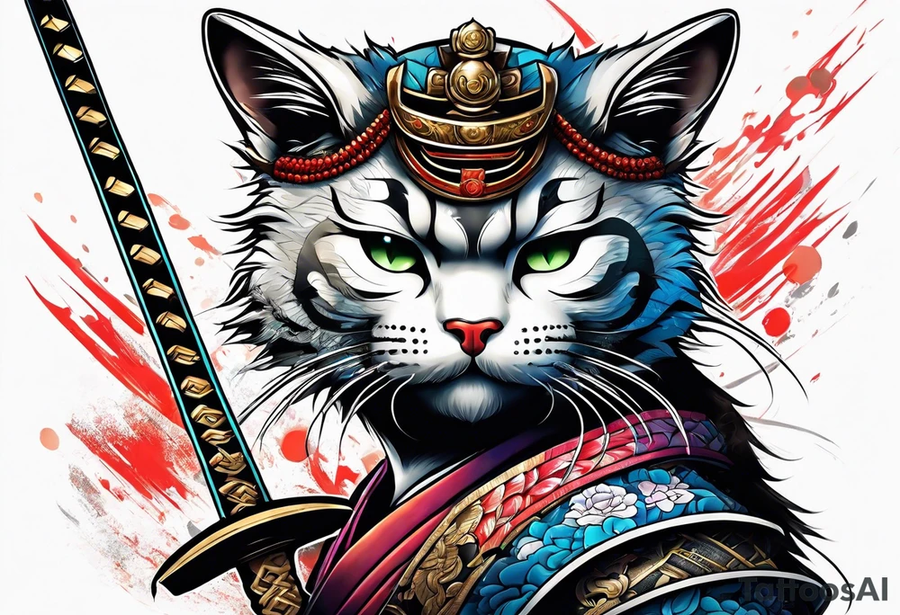 Samurai cat in fighting stance tattoo idea