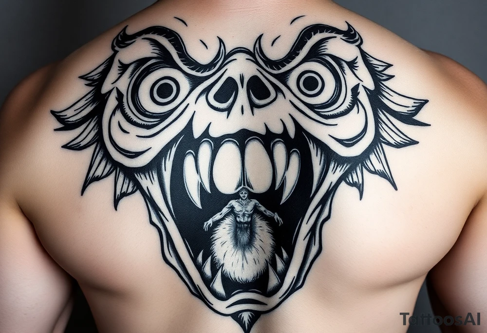 powerful faces with huge eyes and mouth with foamy mouth with a person. Climbing out of the mou6h tattoo idea