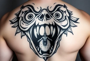 powerful faces with huge eyes and mouth with foamy mouth with a person. Climbing out of the mou6h tattoo idea