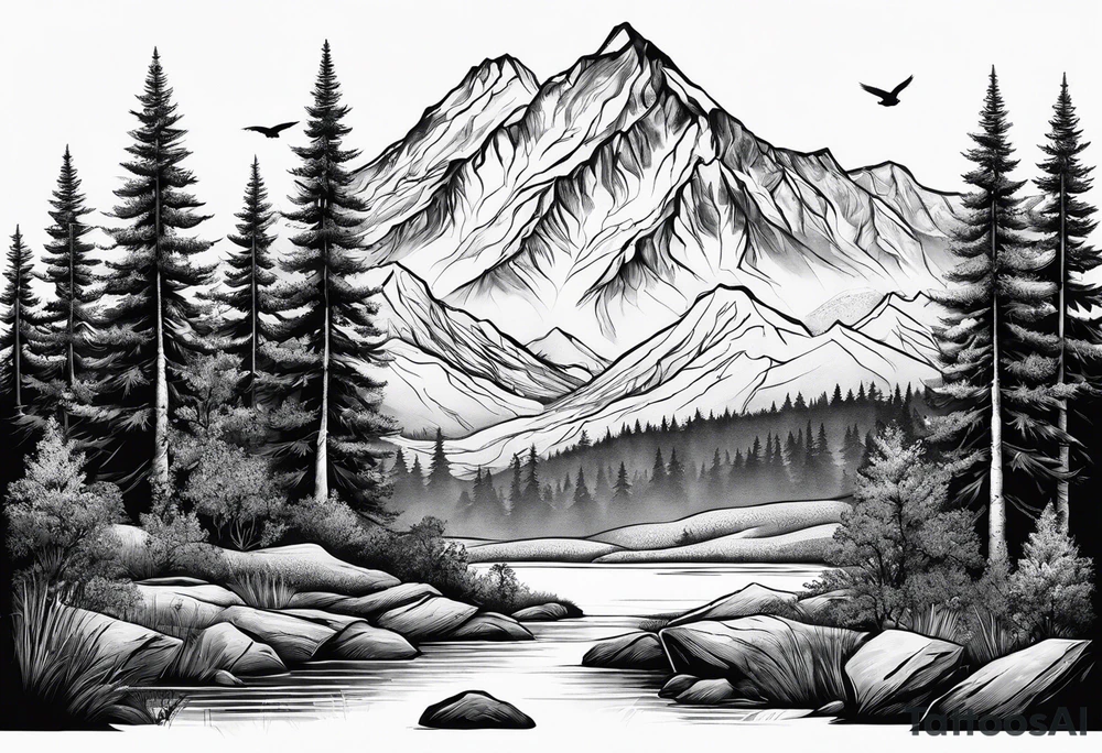 Wildlife, trees, mountains tattoo idea