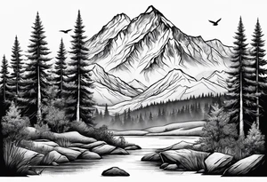 Wildlife, trees, mountains tattoo idea