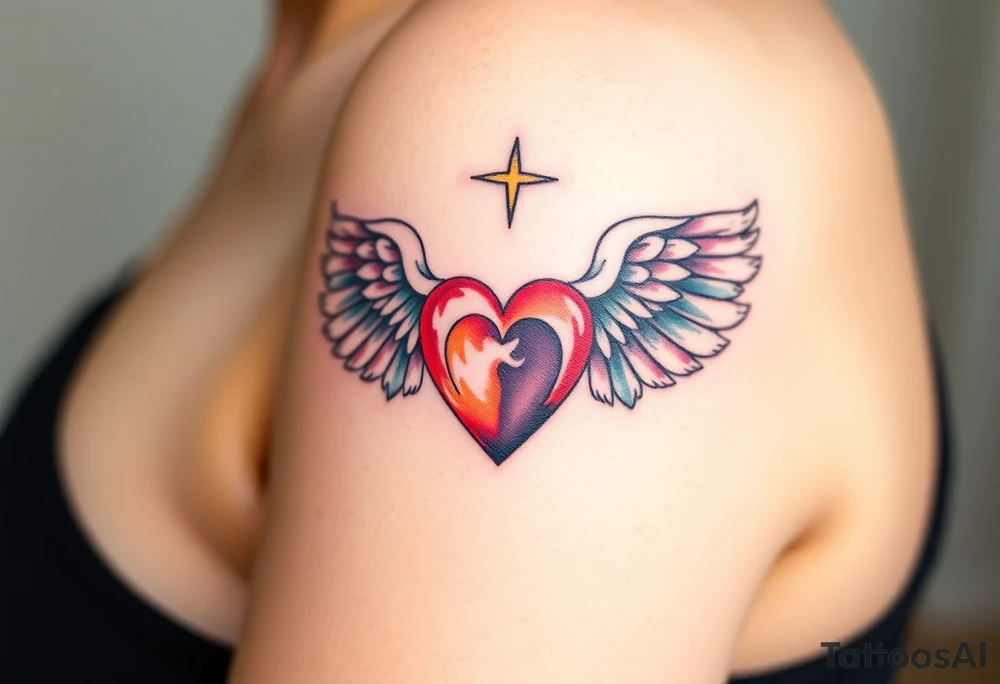 dainty catholic sacred heart with angel wings tattoo idea