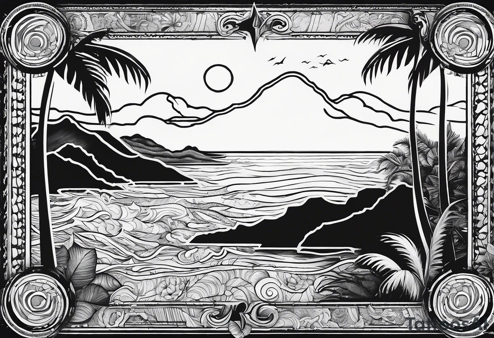 Map of the eastern Caribbean islands with an ocean view of the island mountains across the sea in the background tattoo idea