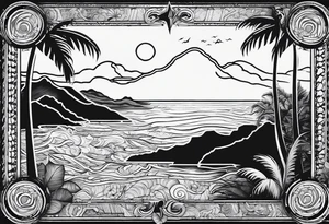 Map of the eastern Caribbean islands with an ocean view of the island mountains across the sea in the background tattoo idea