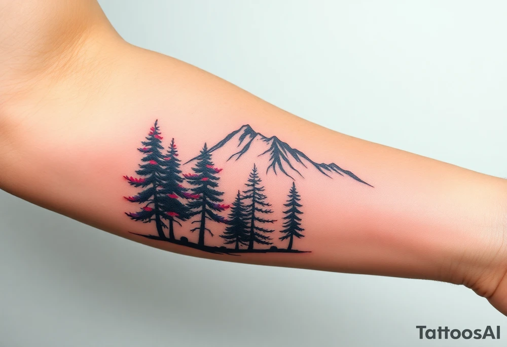 Lower forearm, trees with mountains in background, leaves on the trees are pink, purple, teal, red tattoo idea