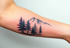 Lower forearm, trees with mountains in background, leaves on the trees are pink, purple, teal, red tattoo idea