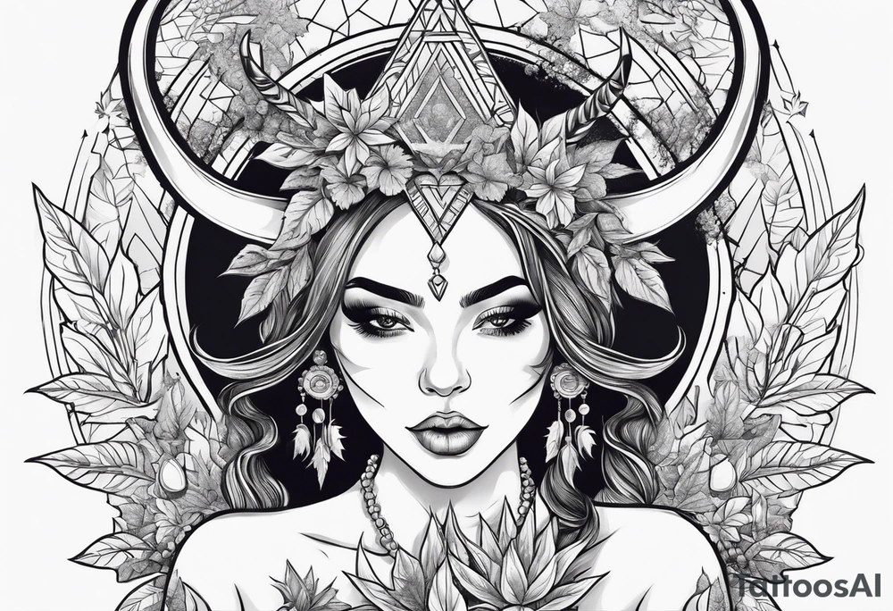 Weed  girl with horns with weed buds smoking a joint trippy backround tattoo idea