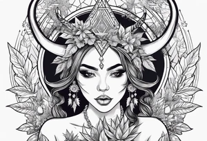 Weed  girl with horns with weed buds smoking a joint trippy backround tattoo idea