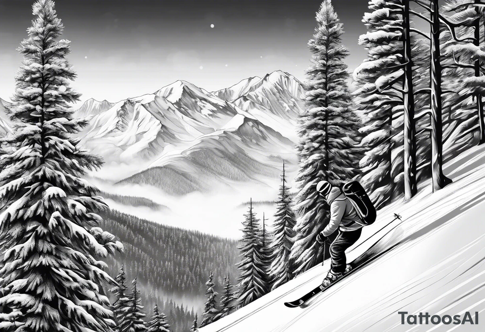 snow skier on mountain with large trees tattoo idea snow skier on mountain with large trees tattoo idea