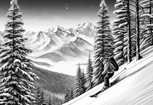 snow skier on mountain with large trees tattoo idea