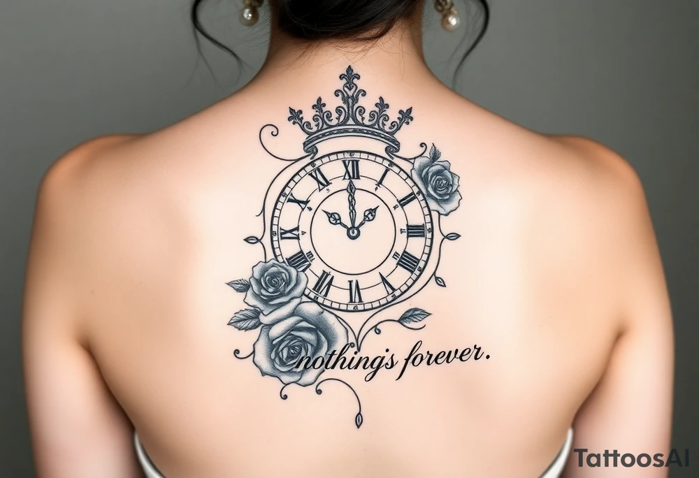 Roman clock with a crown, surrounded by 3 roses and a quote that says nothings forever tattoo idea