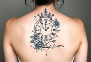 Roman clock with a crown, surrounded by 3 roses and a quote that says nothings forever tattoo idea