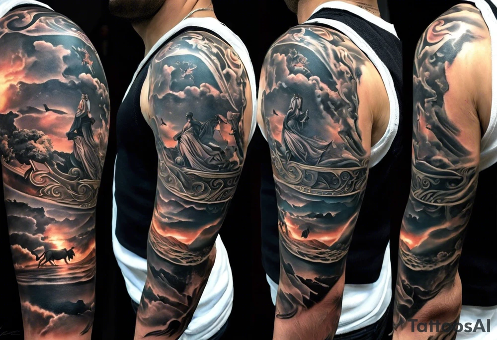 Im a businessman and I had a very long and hard time, chasing my dreams, not giving up, hard work, dedication, focus, heart broken, recovered, pushing hard, got broke and gained again. I like greek gods and I want a full sleeve tattoo exactly telling me the story of my life tattoo idea