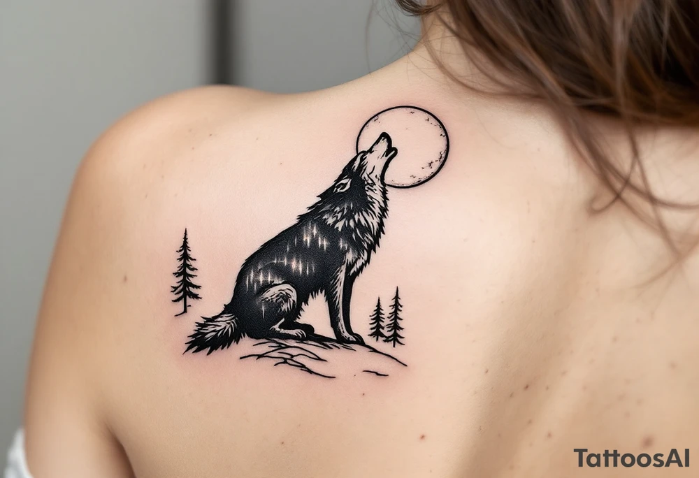 lone wolf howling at full moon with northern lights backdrop tattoo idea