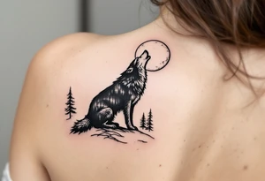 lone wolf howling at full moon with northern lights backdrop tattoo idea