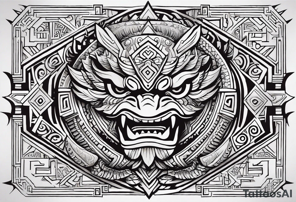 Design a masculine and fierce right chest tattoo of Quetzalcoatl, the Aztec feathered serpent god. Make Quetzalcoatl appear like if emerging from the chest with his powerful, head dynamically leading the way. His face should have sharp, intense features, with fierce, piercing eyes and serpent fangs bared. Incorporate traditional Aztec geometric patterns, like jagged lines and spirals, to emphasize strength and power. Use bold, black ink with subtle shading to give depth and texture, while ensuring the design stays sharp and aggressive. The feathers should appear sharp and stylized, giving an aura of both wisdom and danger. Refrence real illustrations in the Aztec culture tattoo idea