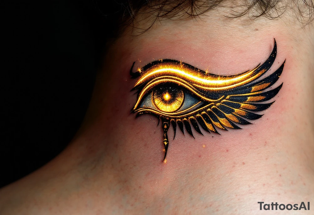 A black and gold Eye of Horus, glowing with ancient protection. tattoo idea