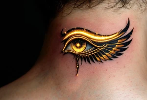 A black and gold Eye of Horus, glowing with ancient protection. tattoo idea