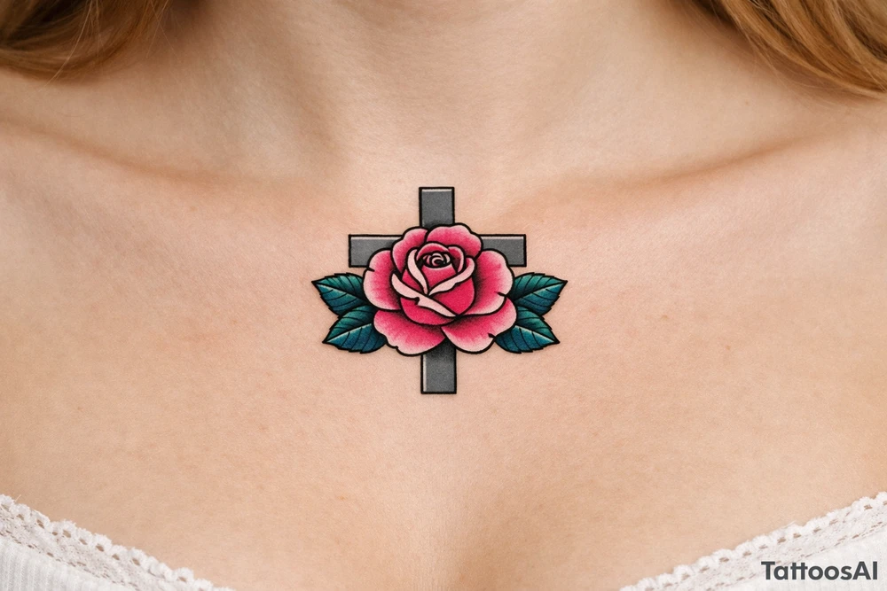 Pink rose , petrol leaves no stem, 
 cross behind it, cross is grey, cross is solid and has straight lines tattoo idea