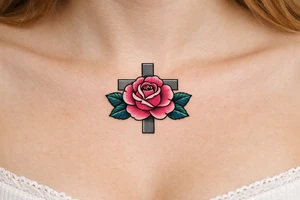 Pink rose , petrol leaves no stem, 
 cross behind it, cross is grey, cross is solid and has straight lines tattoo idea