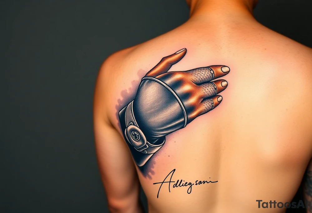 The ultimate realism tattoo sleeve design for an upper arm, celebrating Michael Jackson's entire career. A vertical masterpiece collage: Top features his hyper-realistic eyes from the Dangerous album peering through stage smoke. Middle shows a crisp, detailed portrait from the Bad era with high-contrast jacket buckles. Bottom section displays his hand in the sparkling sequin glove holding his fedora hat. The design smoothly fades out into his official autograph written in clean fine-line script at the very bottom. Photorealistic, cinematic lighting, deep blacks, master shading --ar 2:3 tattoo idea