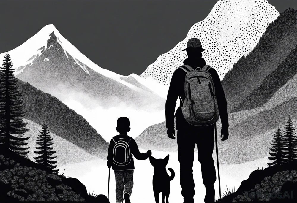 father son hiking with their dog and cat in the mountains, nature, waterfall, rive tattoo idea