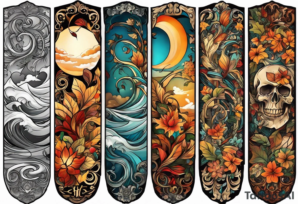arm sleeve with fall colors, flowers, water flow shapes, leaves and various natural shapes, music notes, skulls tattoo idea