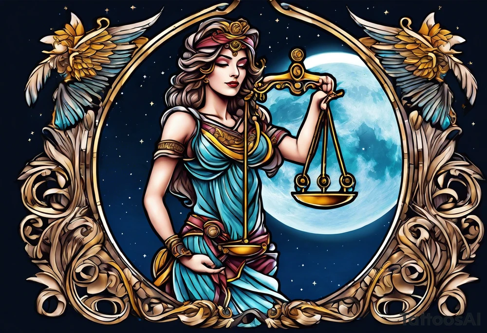 Themis holding the scales of justice while blindfolded with a moon in the background in color tattoo idea