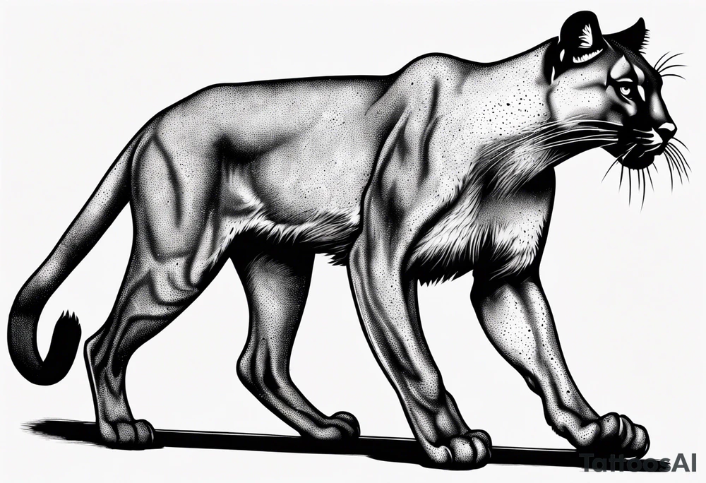 A black vicious puma walking but looking to the side, where the perspective is from above tattoo idea
