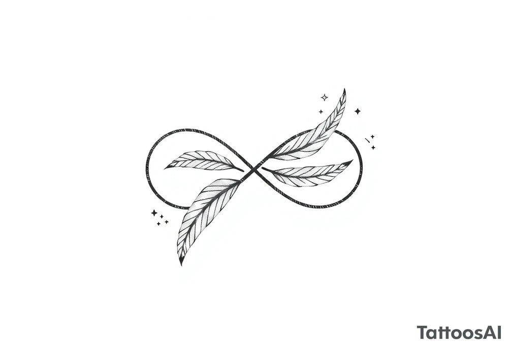 infinity symbol woven with floating feathers and stardust tattoo idea