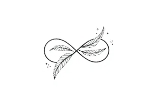 infinity symbol woven with floating feathers and stardust tattoo idea