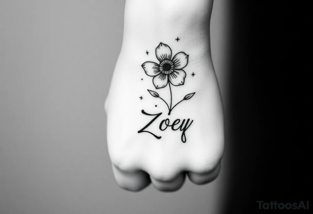 I want it on my wrist. I want a beautiful flower on the inside of my wrist with tendrils down the inside of my arm with little delicate stars or motes and the name Zoey

Why are you showing it on a back? I want it on the inside of my wrist

I want it to be a little smaller. I want the lines to be super fine. I want more organic delicate tendrils. The name Zoey should be about 3" up on the inside of my arm 

I just want the tendrils to look more natural and flowy and graceful.
I do not want stars in it anymore. 
Please show it on the inside of the wrist with the blossom just below the palm and the tendrils curling up the inside of the arm. I want a little more tendrils with some little sparkles very delicate leading to the name
More options. Make it super delicate and graceful. The endrils can have tiny delicate leaves tattoo idea