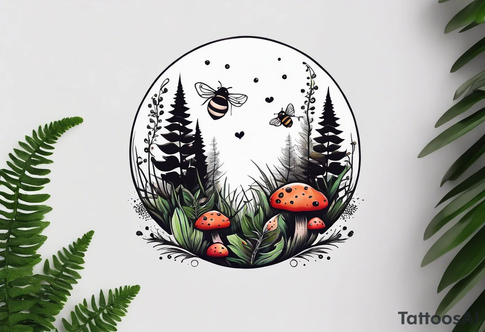 forest floor inspired minimalist tattoo, which includes grass, curly ferns, moss and dead leaves as the bulk of the tattoo. details to include: forest berries, a tiny bumblebee flying nearby, three small brown mushrooms
Generate a vertically long one tattoo idea