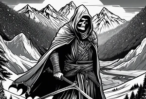 Grime reaper with snow and in the mountains tattoo idea