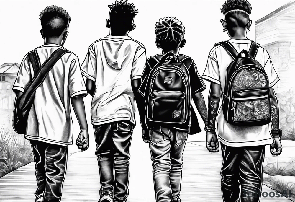 3 black school age boys walking away together  you can see their full bodies and one is looking to the side showing the side of his face tattoo idea
