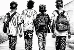 3 black school age boys walking away together  you can see their full bodies and one is looking to the side showing the side of his face tattoo idea