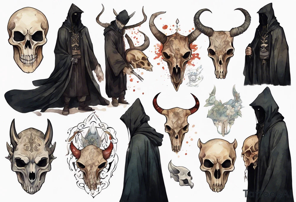 a thin medieval man in a black cloak wearing an animal skull mask tattoo idea