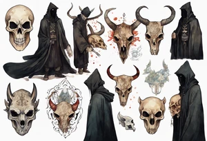 a thin medieval man in a black cloak wearing an animal skull mask tattoo idea