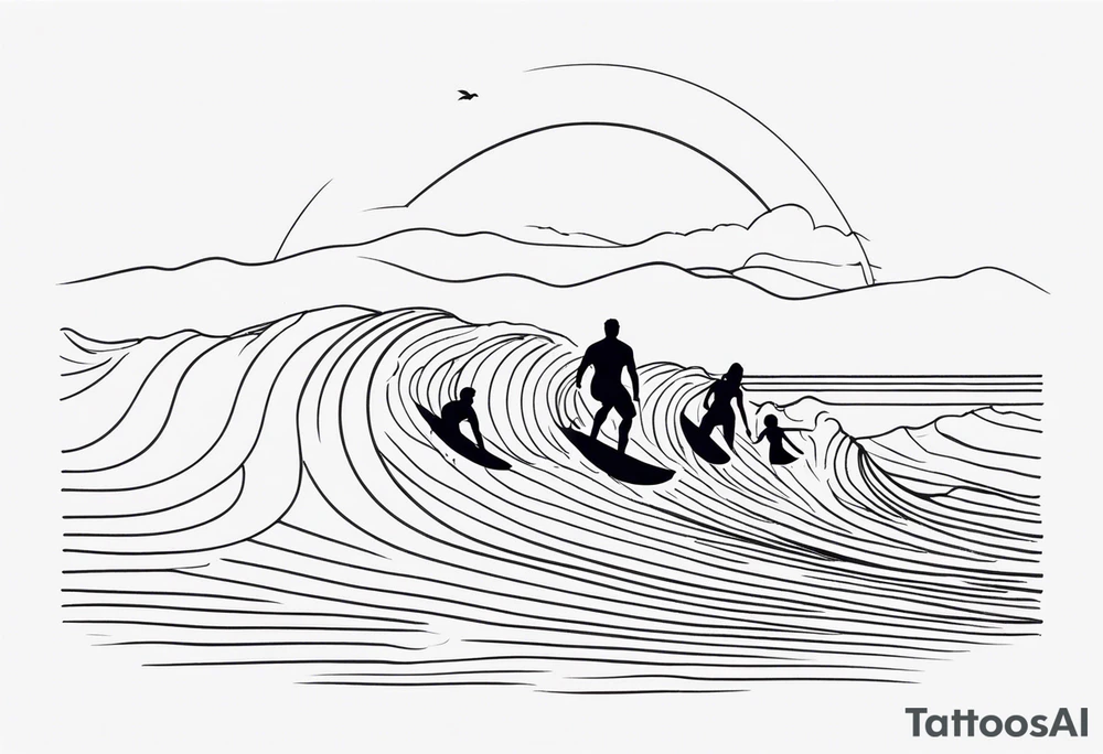 Single line wave tattoo with a dad and his two daughters surfing tattoo idea