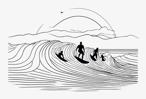 Single line wave tattoo with a dad and his two daughters surfing tattoo idea