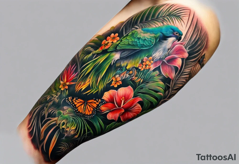 A full arm sleeve tattoo that is jungled themed tattoo idea