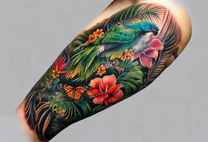 A full arm sleeve tattoo that is jungled themed tattoo idea