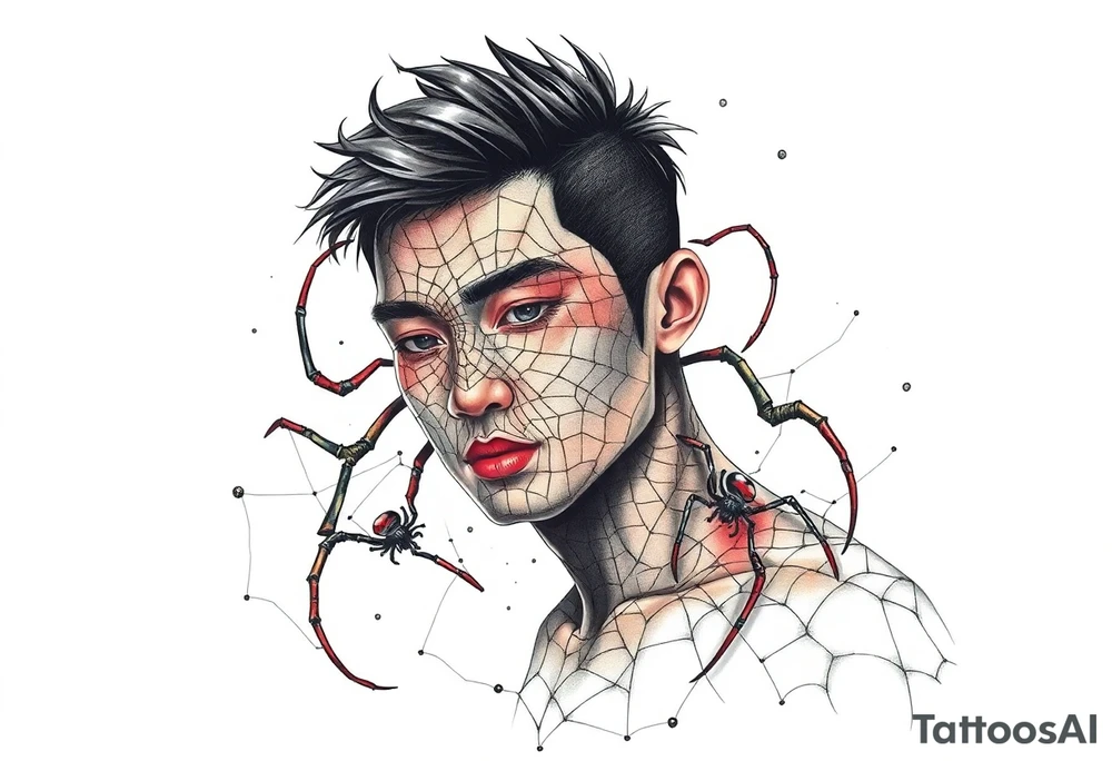 Handsome Asian young guy covered with spiders web tattoo idea