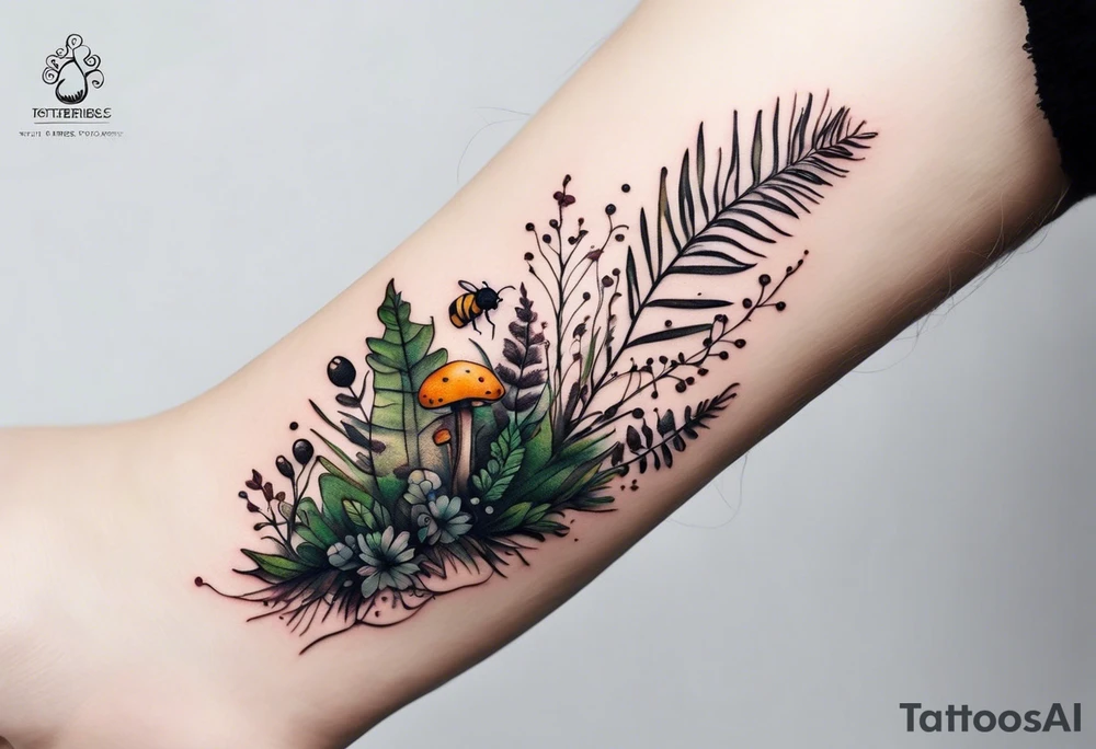 forest floor inspired minimalist tattoo, which includes grass, curly ferns, moss and dead leaves as the bulk of the tattoo. details to include: forest berries, a tiny bumblebee flying nearby, three small brown mushrooms
Generate a vertically long one tattoo idea
